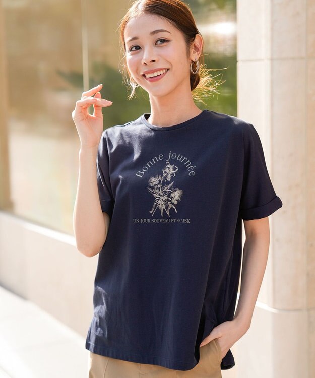ANY SIS フラワープリント ロゴＴシャツ ネイビー