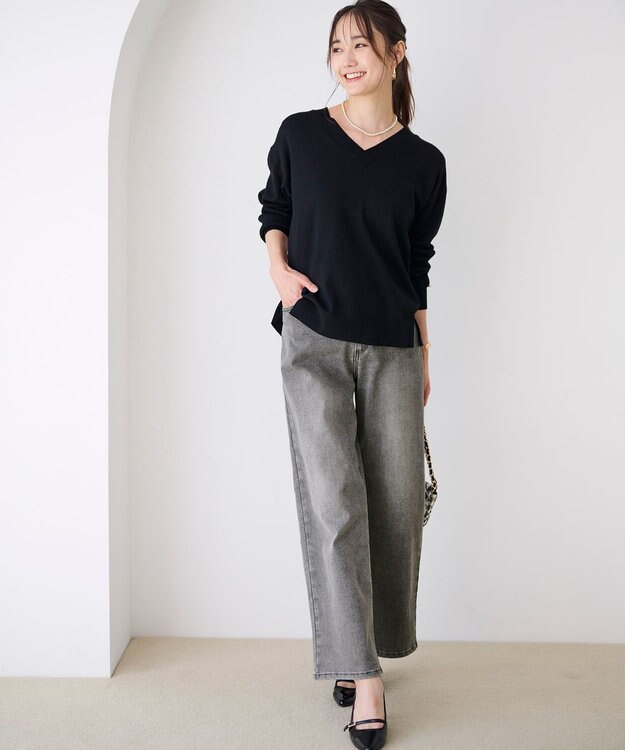 ANY SIS 【ウールブレンドシリーズ】フロント切替Vネック ニット ブラック