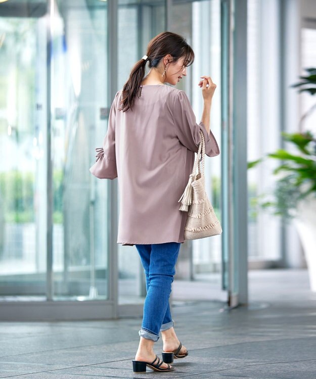 Tiaclasse L 【洗える】リボン付きタックスリーブチュニックブラウス グレージュ