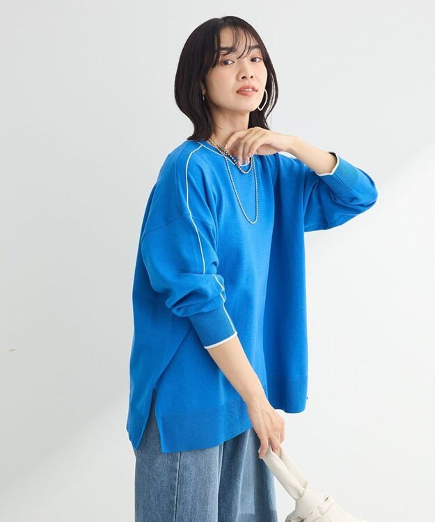 Green Parks アンチピリングライン入りニットプルオーバー Blue