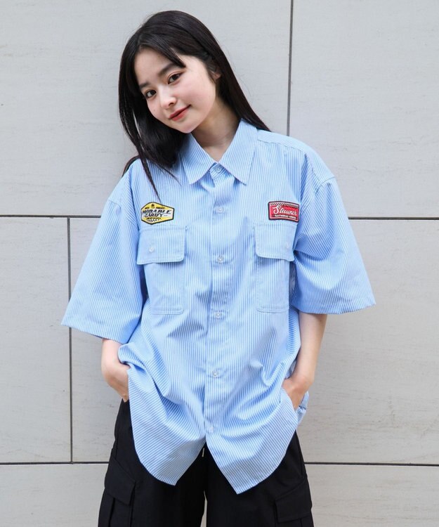 WEGO 【ユニセックス着用ITEM/MLサイズ展開】オックスフォードワッペンシャツ（SS） ブルーストライプ