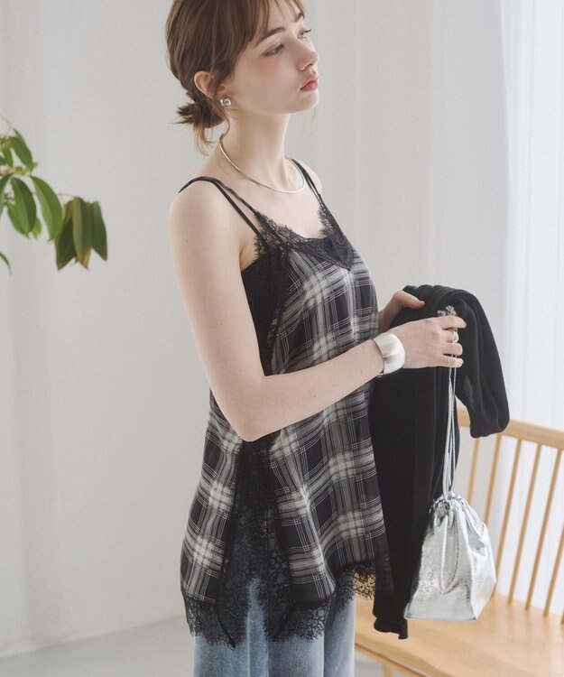 WEGO 【ANGIE VINTAGE】サテンレースキャミソール ブラックチェック1
