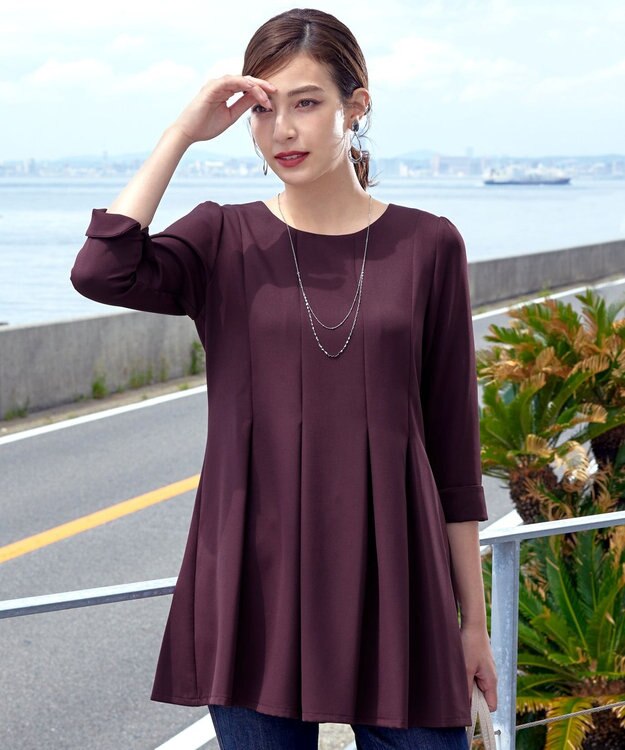 Tiaclasse L 【洗える】ダブルラインタックチュニック ボルドー