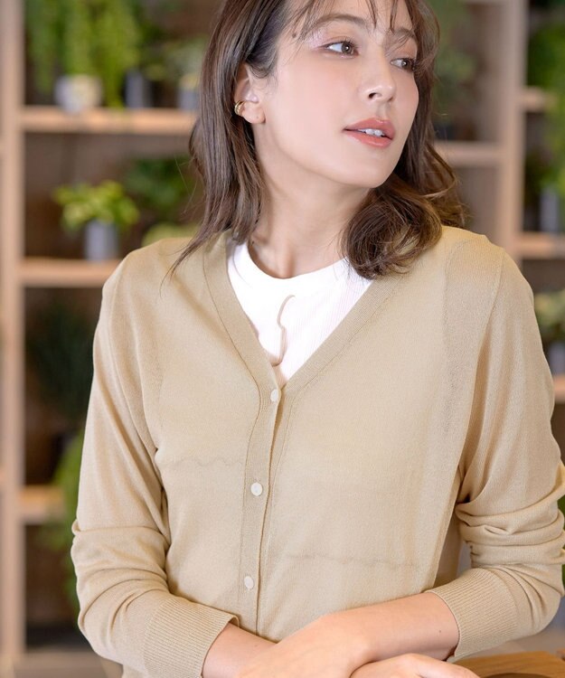 Tiaclasse L Vネックラメニットシアーカーディガン ベージュ