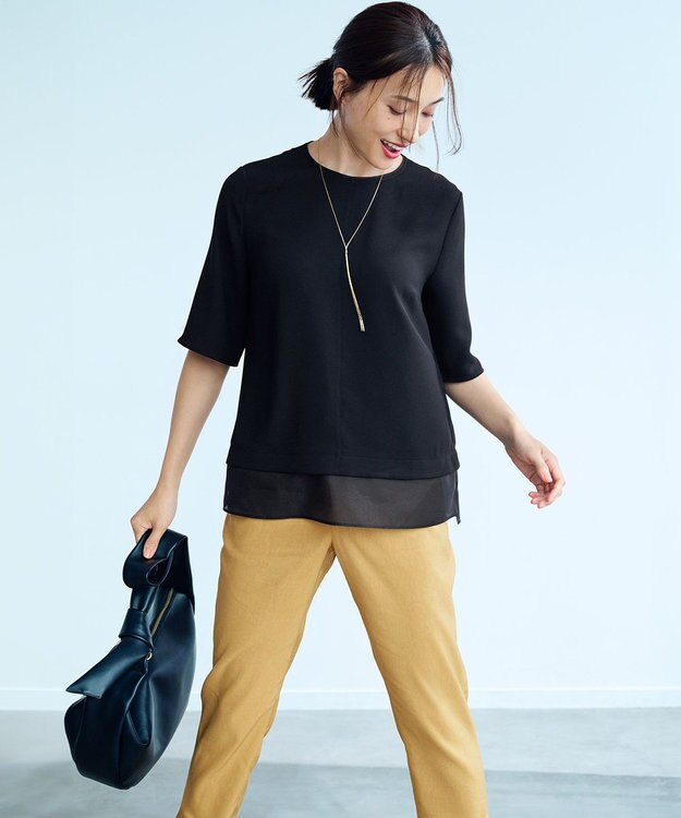 23区 【吸水速乾/UVカット/接触冷感】ストレッチジョーゼット シアーコンビ カットソー ブラック系