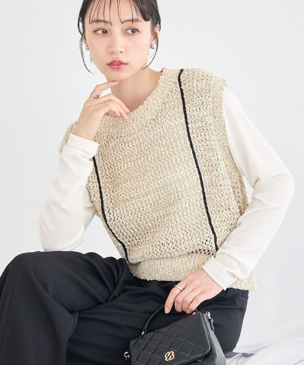 earth music&ecology 配色ラインＭＩＸニットベスト Beige