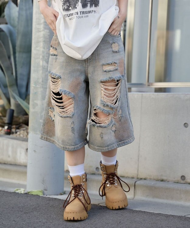 WEGO ダメージデニムハーフパンツ デニム淡加工色