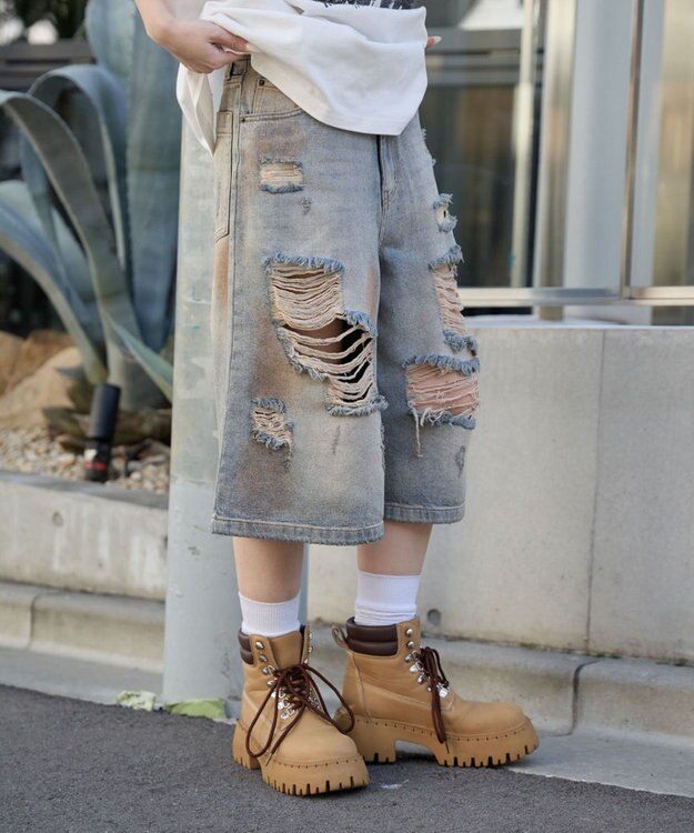 WEGO ダメージデニムハーフパンツ デニム淡加工色