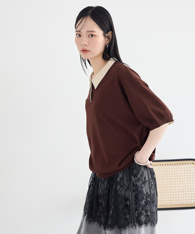 earth music&ecology バイカラーポロニット Brown
