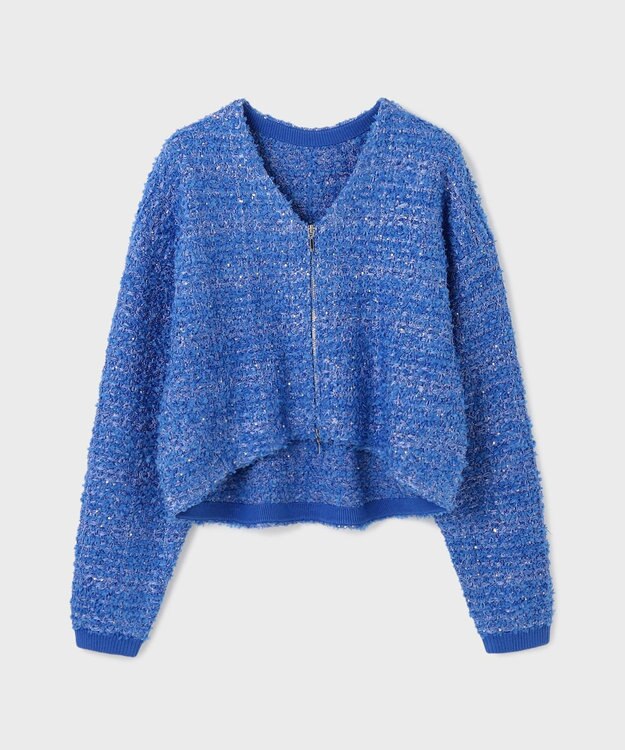 GRACE CONTINENTAL ツイードニットzipカーディガン ブルー