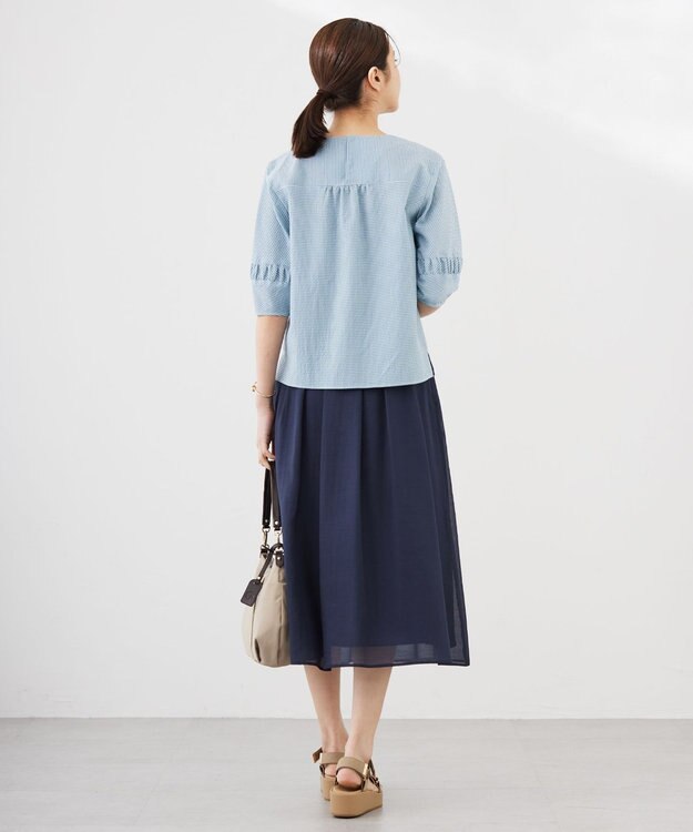 J.PRESS LADIES L 【洗える】アセVis ギンガム ボリュームスリーブ ブラウス シーグリーン系3