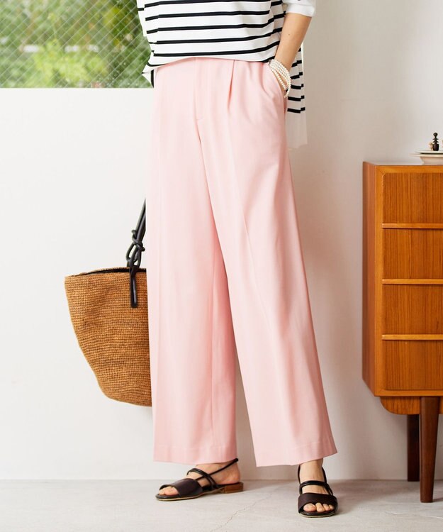 自由区 【洗える】ライトフィールジャージータックワイド パンツ ピンク