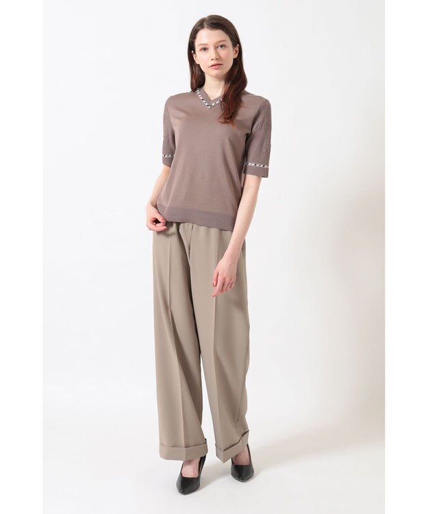 DAKS コットン混ストレッチ ロゴメッシュスリーブ Vネックプルオーバー モカ
