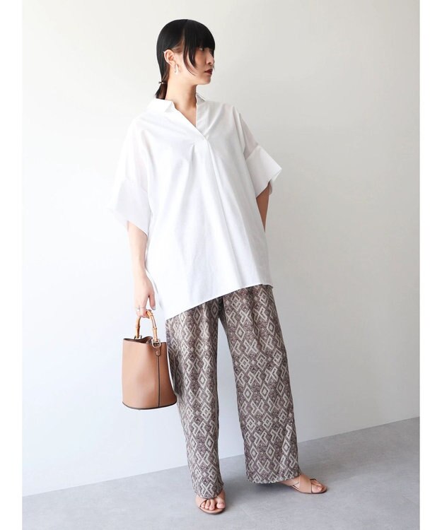 Green Parks 綿麻混スキッパーシャツ Off White