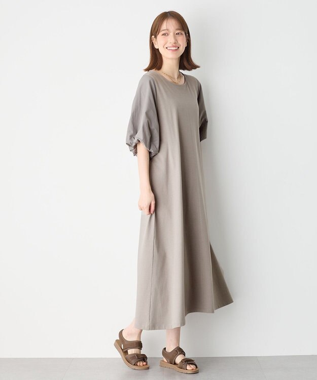ANY 異素材コンビ ボリュームスリーブワンピース グレー
