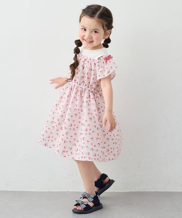 ANY KIDS 【洗濯機可能】オンオフショルダーワンピース ピンク×フルーツ