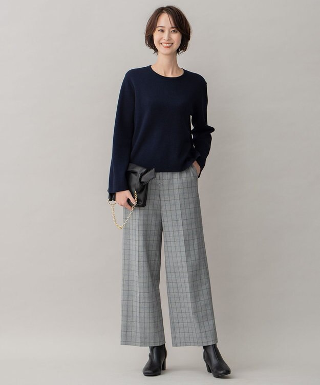 自由区 【裏起毛/撥水加工】TRギャバ グレンチェック ワイドクロップドパンツ グレー系4