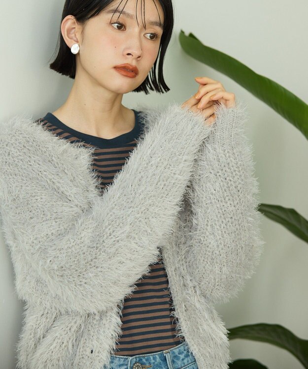 AMERICAN HOLIC シャギーニットクルーネックカーディガン Gray Beige