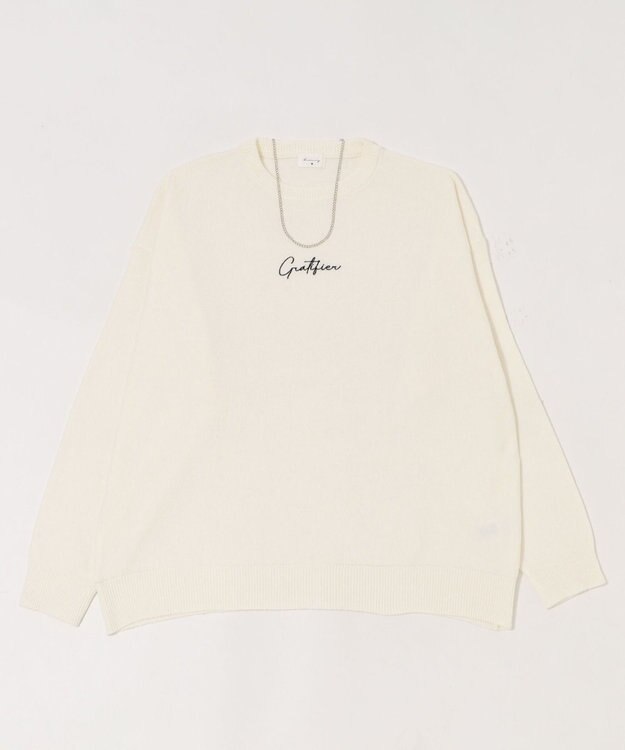 WEGO 【ユニセックス着用ITEM/SMLサイズ展開】アクセ付きワンポイントニットプルオーバー オフホワイト