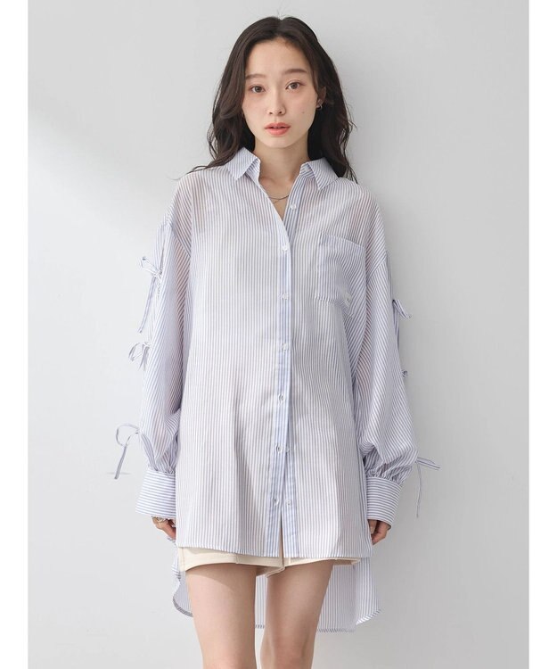 earth music&ecology 袖スリットリボンロングシャツ Navy