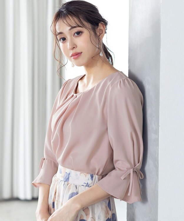 Tiaclasse 【洗える】リボン付きタックフレア袖ブラウス ピンク