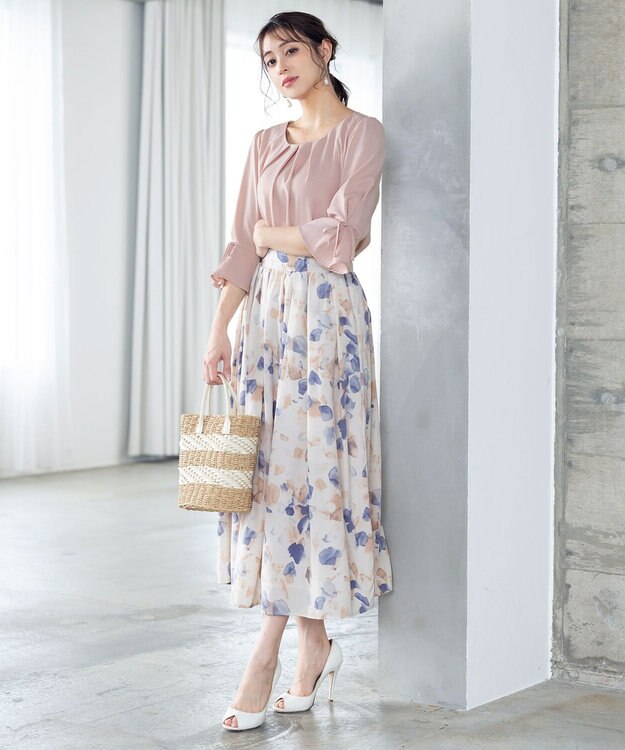 Tiaclasse 【洗える】リボン付きタックフレア袖ブラウス ピンク