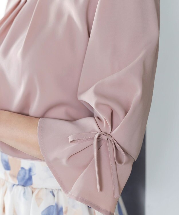 Tiaclasse 【洗える】リボン付きタックフレア袖ブラウス ピンク