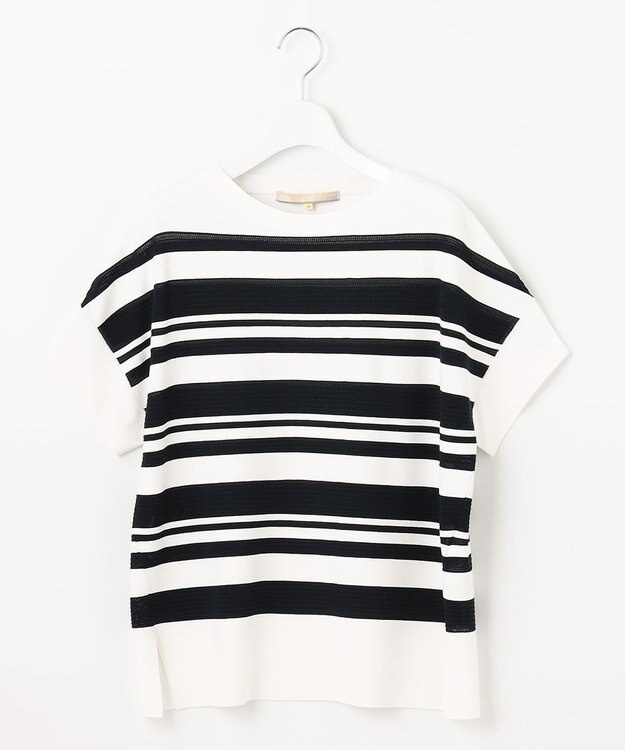 自由区 【洗える】クレープストレッチボーダー ニット ホワイト系1