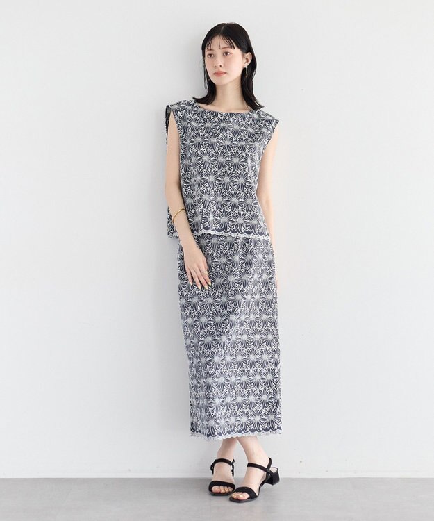 YECCA VECCA フラワーレースロングナロースカート Navy