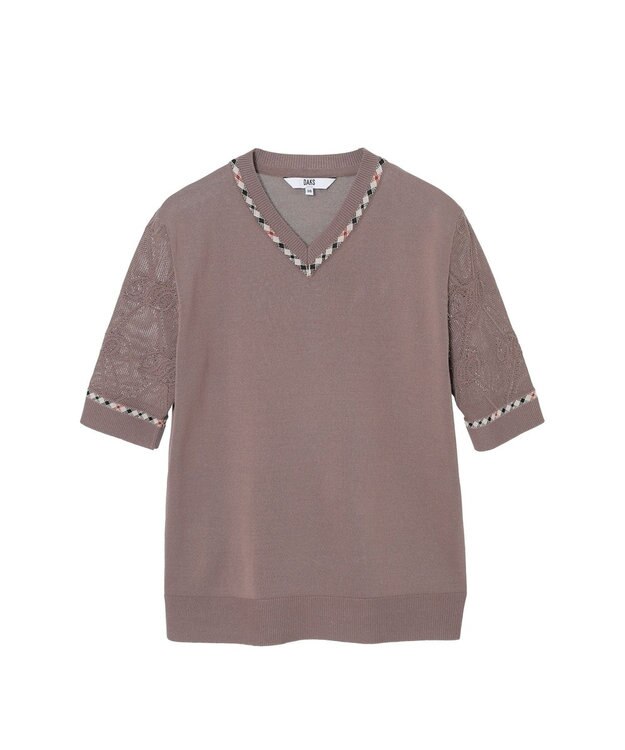 DAKS コットン混ストレッチ ロゴメッシュスリーブ Vネックプルオーバー モカ