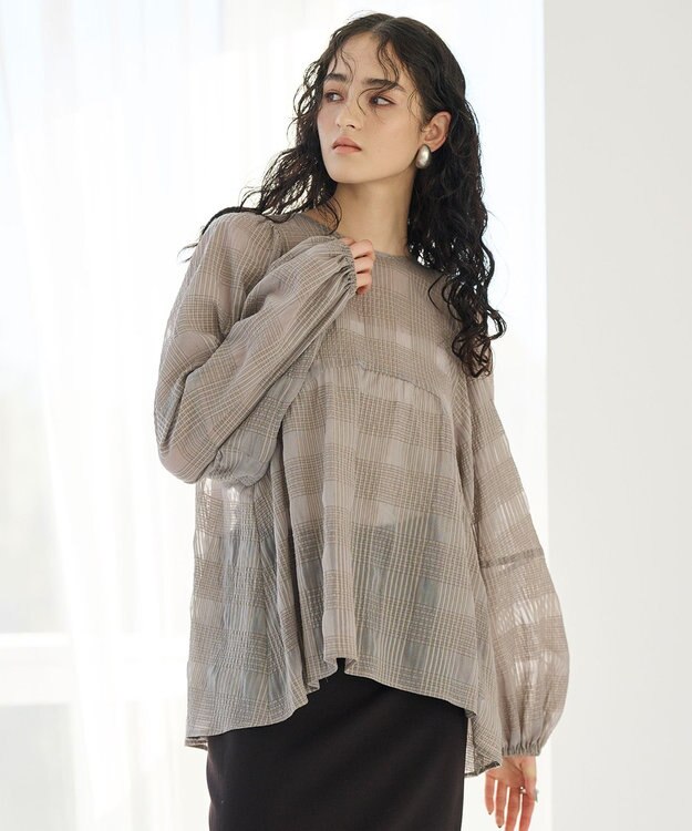 #Newans シアーチェックボリュームブラウス ベージュ
