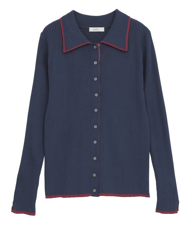 earth music&ecology バイカラートリムロングニットカーディガン Navy