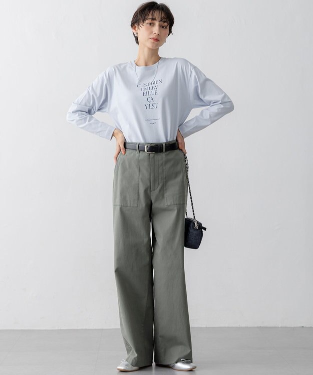 23区 【洗える】スラブツイルストレッチ ワイド パンツ カーキ系