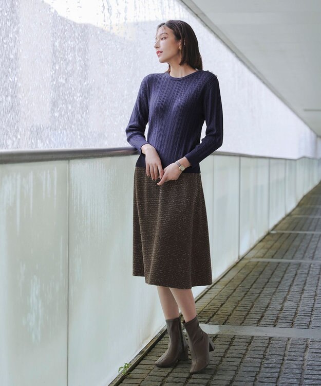 Tiaclasse L 【洗える】ラメツイードAラインフレアスカート モカ