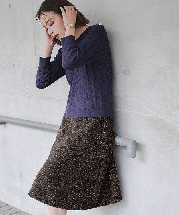 Tiaclasse ラメツイードAラインフレアスカート モカ