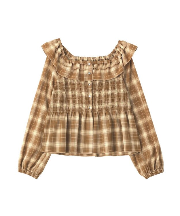 earth music&ecology 【予約】チェックシャーリングブラウス キャメル