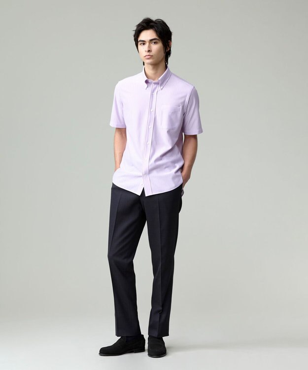 J.PRESS MEN 酷暑の清潔感もこれ一枚で【吸水速乾 / 抗菌防臭 / 防シワ】【J.PRESS OXFORD JERSEY】カノコインレイストライプ 半袖シャツ / B.D. ライラック系1