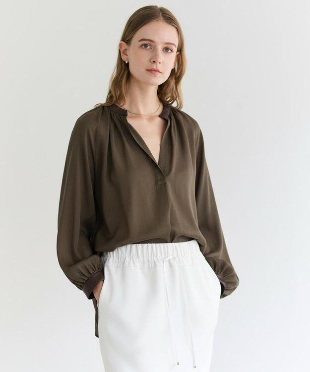 BEIGE， PAULINE / リネンヴィスコースフェイクレザー配色ブラウス Khaki