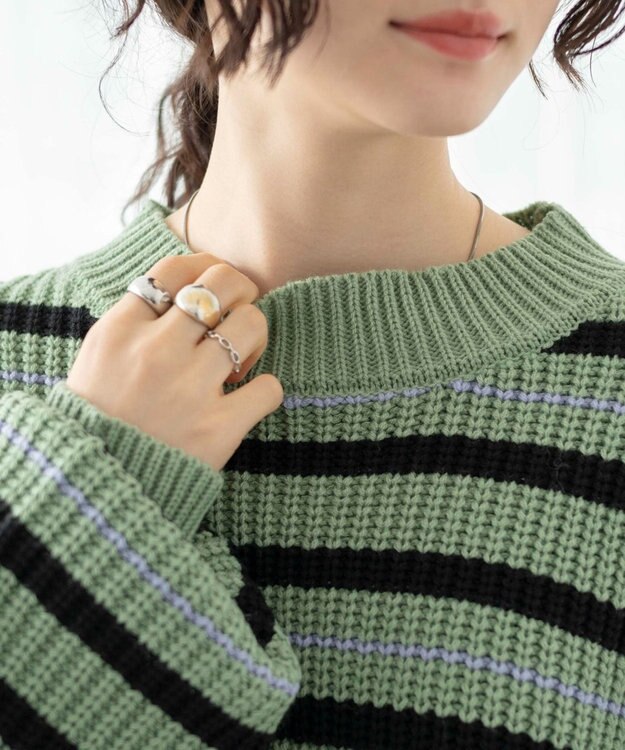 WEGO ボーダーショートニットプルオーバー グリーンボーダー