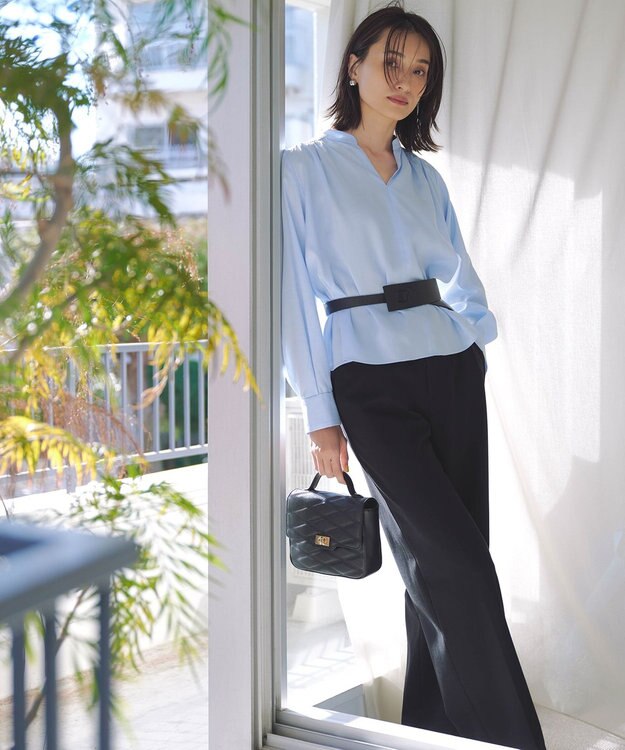 自由区 L 【洗える】SOMELOSクロップド丈 ブラウス サックス