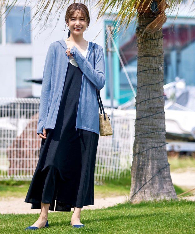 Tiaclasse 【洗える】UVケア機能付きサマーニットロングジップパーカー サックス