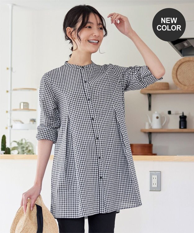 Tiaclasse 【新色追加・洗える】バンドカラーシャツチュニックブラウス ブラックチェック