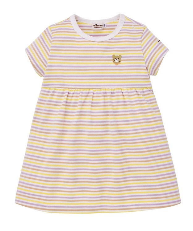 MIKI HOUSE HOT BISCUITS 【80-120cm】みじんボーダー ワンポイント刺繍 半袖ワンピース ラベンダー