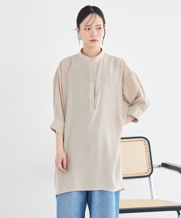 earth music&ecology スタンドカラーオーバーチュニックシャツ Beige