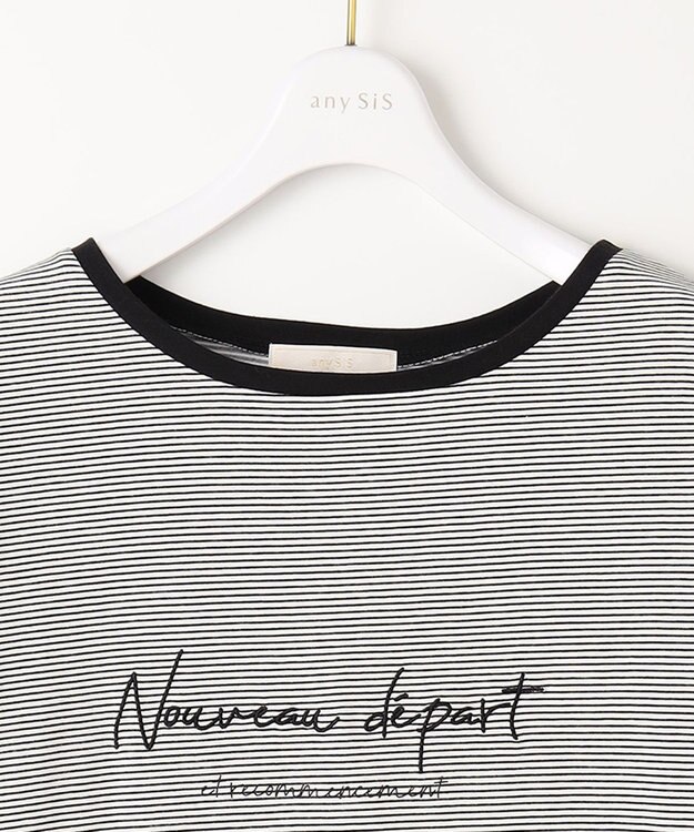 ANY SIS ロゴ刺繍 カットソー オフ×ブラックボーダー