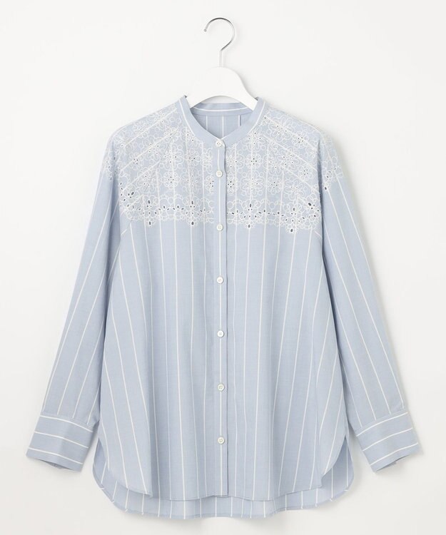 自由区 S 【洗える】エンブロイダリーブロードシャツ ブラウス サックス×オフストライプ