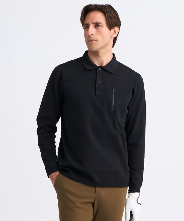 23区GOLF 【MEN】長袖ニットポロシャツ ホールガーメント ブラック系