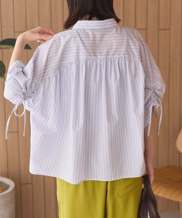 AMERICAN HOLIC 接触冷感ギャザーリボンスリーブ半袖シャツ Stripe Sax