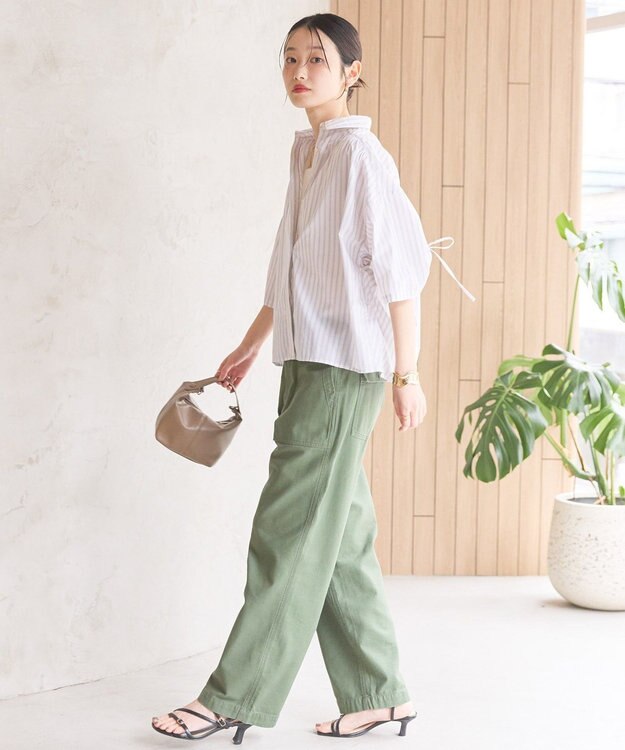 AMERICAN HOLIC 接触冷感ギャザーリボンスリーブ半袖シャツ Stripe Ivory