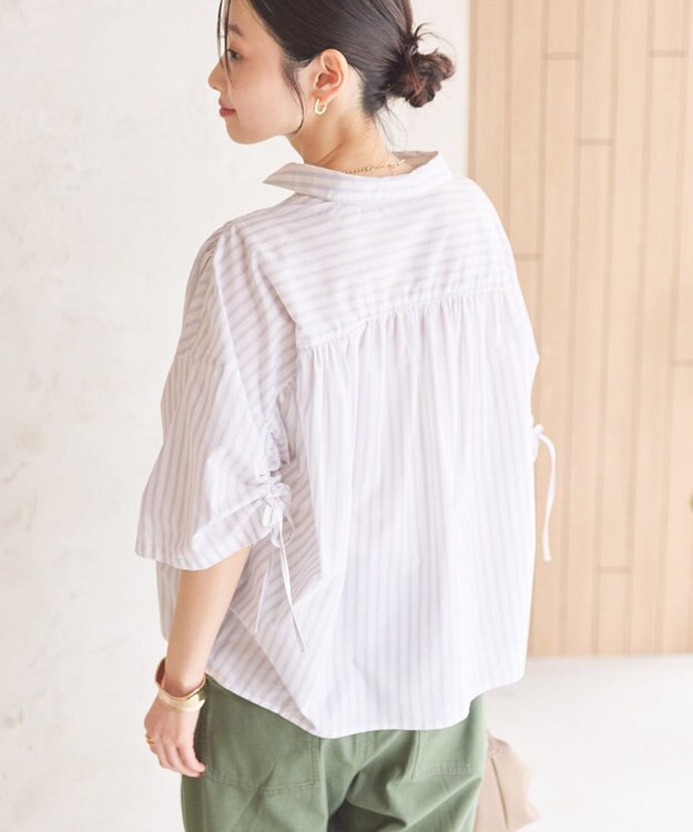 AMERICAN HOLIC 接触冷感ギャザーリボンスリーブ半袖シャツ Stripe Ivory